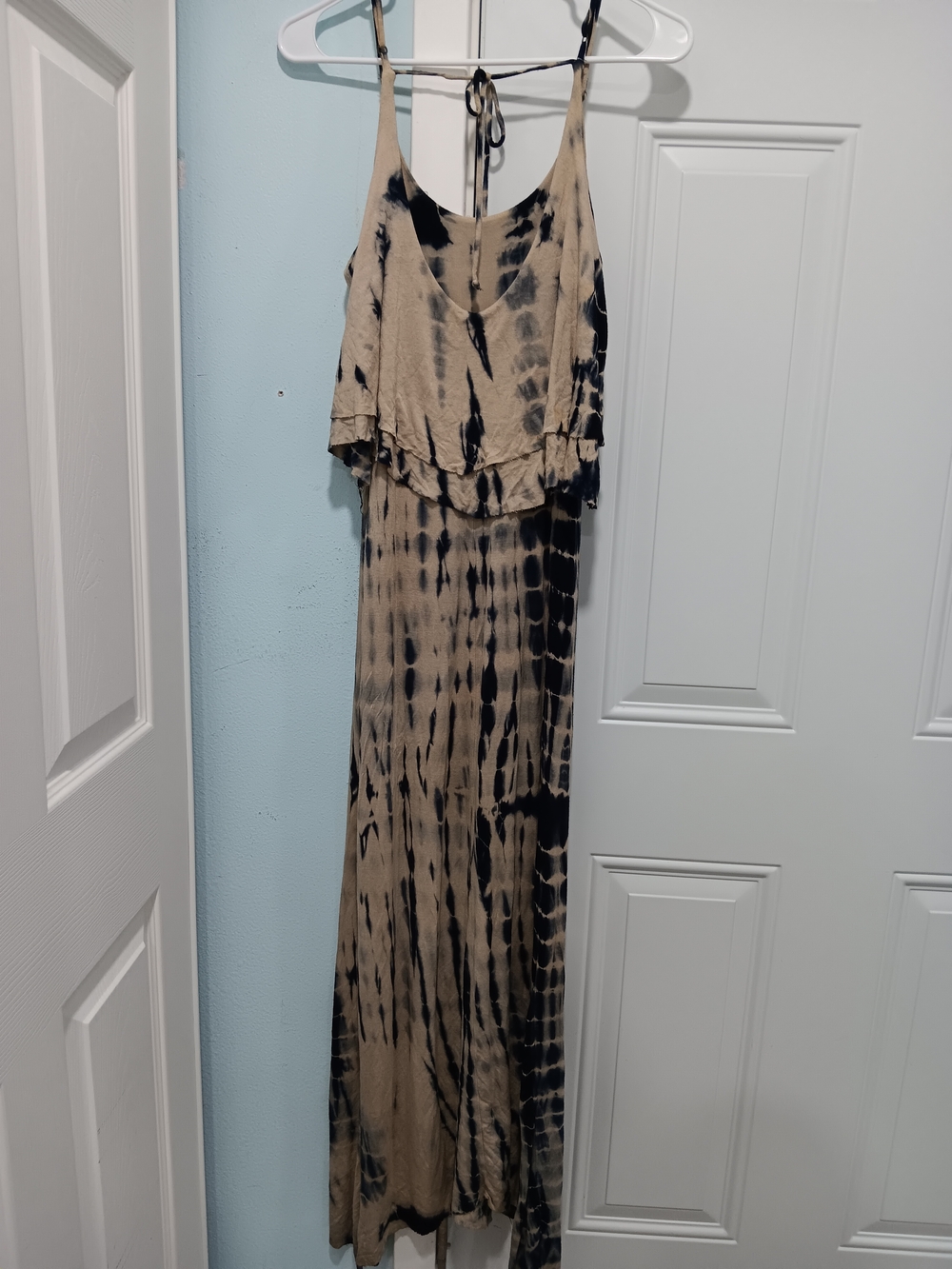 Tie-Dye Beige and Black Maxi Dress - Sleeveless Ruffle Overlay